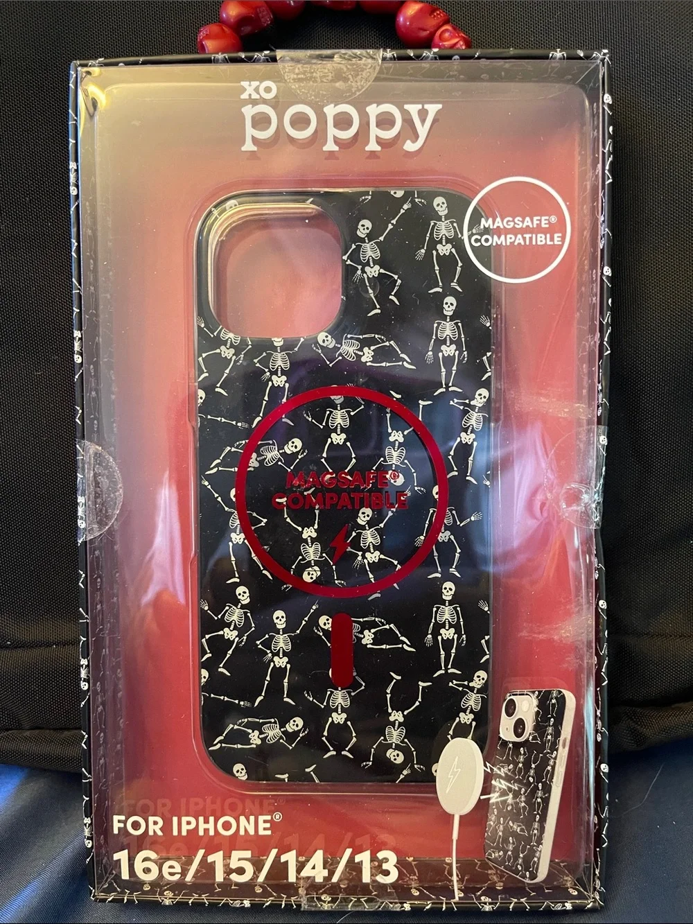XO Poppy Black Case with Skeletons Dancing (Fits iPhone 16e/15/14/13)